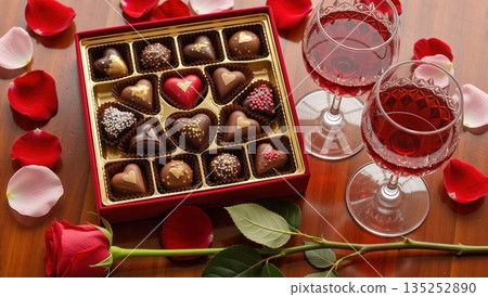 Box of heart shaped chocolates and two glasses of red wine. Romantic Valentine's Day composition with roses and petals on wooden table. Love and anniversary celebration concept Box of heart shaped chocolates and two glasses of red wine. Romantic Valentine's Day composition with roses and petals on wooden table. Love and anniversary celebration concept 135252890