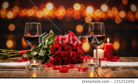 Romantic dinner setting with red wine and a bouquet of roses. Candlelight table for two for a Valentine's Day or anniversary celebration. Intimate atmosphere with a golden bokeh background Romantic dinner setting with red wine and a bouquet of roses. Candlelight table for two for a Valentine's Day or anniversary celebration. Intimate atmosphere with a golden bokeh background 135252892