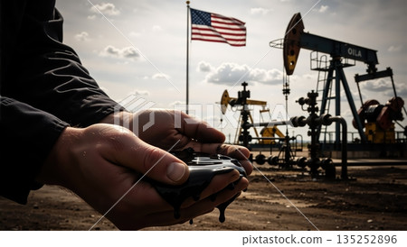 A worker's hands holding crude oil in an American oil field with pumpjacks. The USA flag symbolizes the fossil fuel and energy production industry 135252896