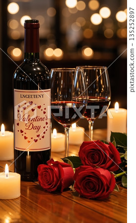 Red wine bottle with Valentine's Day label and two glasses. Romantic candlelight dinner with red roses on wooden table. Vertical photo of love celebration 135252897