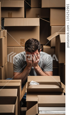 Stressed man feeling overwhelmed while sitting among cardboard moving boxes. Vertical photo of a young person showing frustration and exhaustion from packing for a new home. Relocation anxiety concept 135252901