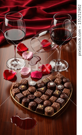 Heart shaped box of chocolates and two glasses of red wine. Vertical romantic Valentine's Day composition with rose petals and red background 135252902