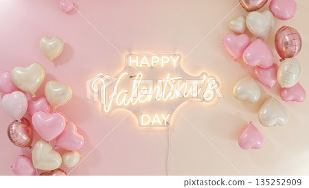 Happy Valentine's Day neon sign on pink wall. Heart shaped balloons decoration for romantic party. Holiday celebration background 135252909