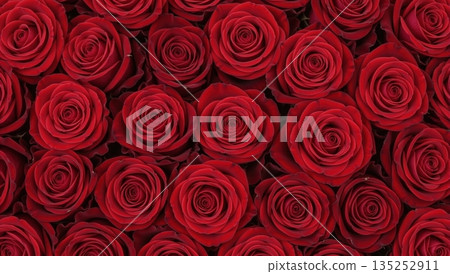 Background of fresh red roses. Top view of a floral bouquet texture. Symbol of love and romance for Valentine's Day 135252911