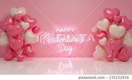 Happy Valentine's Day neon sign on pink wall. Bunches of glossy heart balloons with reflection on floor. Romantic holiday background 3D illustration Happy Valentine's Day neon sign on pink wall. Bunches of glossy heart balloons with reflection on floor. Romantic holiday background 3D illustration 135252916