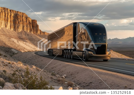 A futuristic black electric semi-truck driving on a desert highway. Modern transportation and sustainable logistics concept in a scenic mountain landscape at sunset 135252918