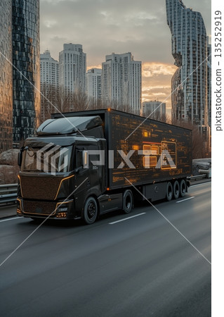 A futuristic black semi-truck with a glowing digital data display on its trailer. Vertical photo of an autonomous vehicle on a highway in a modern city. Smart logistics and transportation technology 135252919