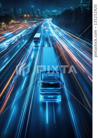 Trucks driving on a highway at night with motion blur light trails. Vertical view of futuristic logistics, transportation, and supply chain technology with a city skyline Trucks driving on a highway at night with motion blur light trails. Vertical view of futuristic logistics, transportation, and supply chain technology with a city skyline 135252920
