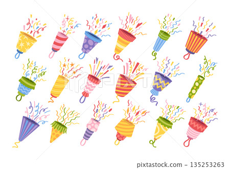 Variety of party poppers in bright colors for surprise events and carnival invitations isolated set Variety of party poppers in bright colors for surprise events and carnival invitations isolated set 135253263