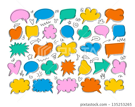 Colorful doodle speech bubbles of different shapes, forms and scribbles comic hand drawn style Colorful doodle speech bubbles of different shapes, forms and scribbles comic hand drawn style 135253265
