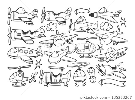 Doodle aircraft vehicles set including biplanes, jets and choppers in sketchy doodle style Doodle aircraft vehicles set including biplanes, jets and choppers in sketchy doodle style 135253267