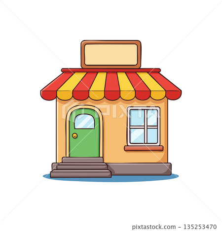 Small colorful storefront building with green door and striped awning vector illustration 135253470