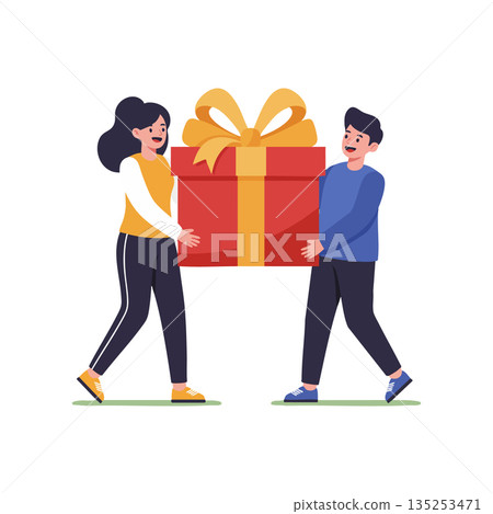Young man and woman carrying large red gift box with golden ribbon illustration 135253471