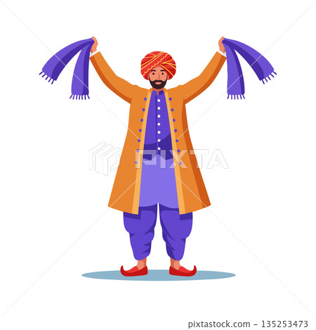 Traditional Indian man wearing turban and ethnic clothing holding scarves vector illustration 135253473