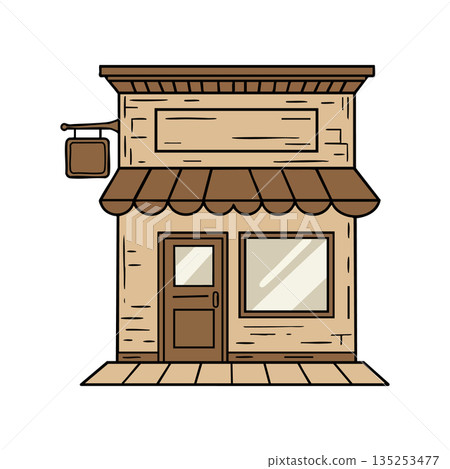 Small brown vintage storefront building with awning and hanging sign vector illustration 135253477