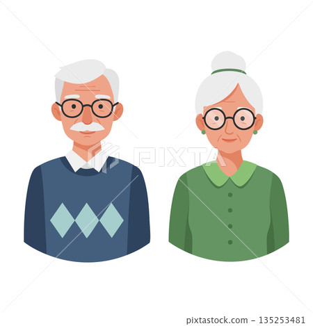 Elderly man and woman portraits vector illustration with glasses and simple clothing design 135253481