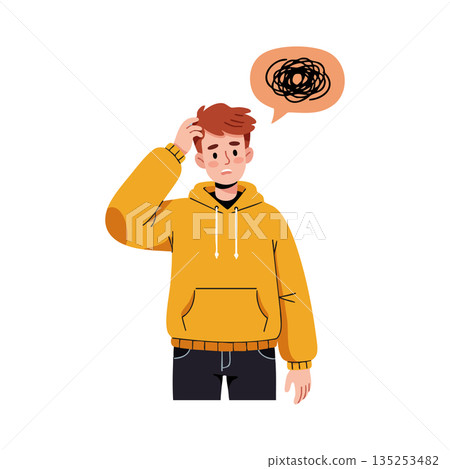 Young man confused with mental stress and tangled thoughts illustration in yellow hoodie Young man confused with mental stress and tangled thoughts illustration in yellow hoodie 135253482