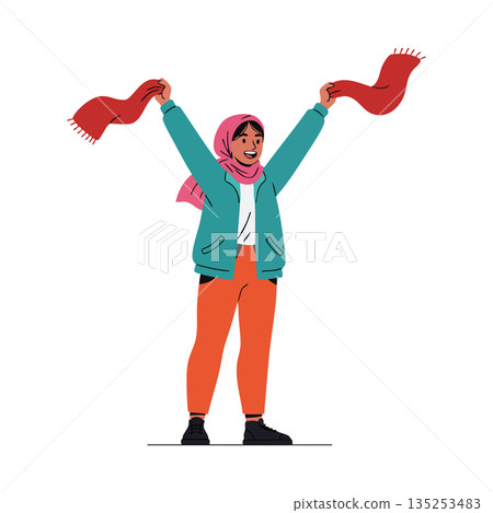 Woman Wearing Scarf and Winter Clothes Holding Red Scarf Up Vector Illustration 135253483