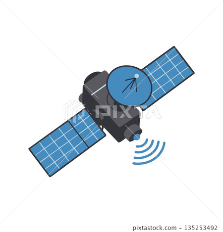 Satellite with blue solar panels and antenna communication technology vector illustration 135253492