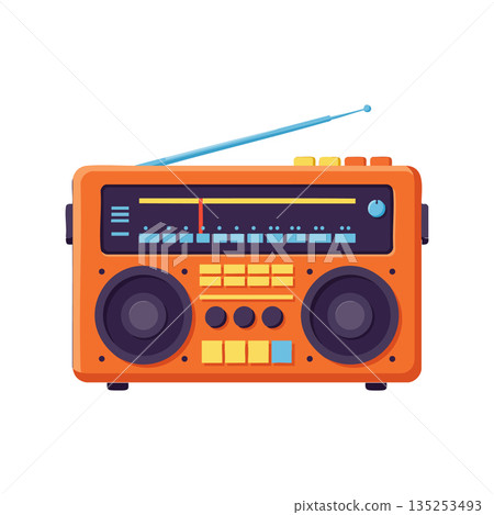 Vintage orange radio with blue antenna and black speakers vector illustration 135253493