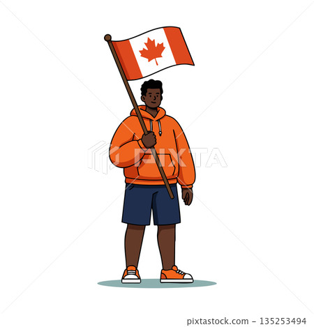 Young man holding Canada flag wearing orange hoodie and shorts vector illustration Young man holding Canada flag wearing orange hoodie and shorts vector illustration 135253494