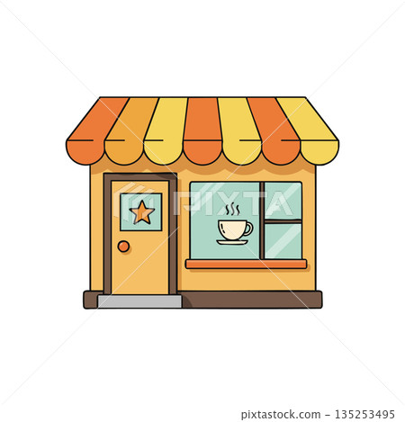 Coffee shop storefront with orange and yellow striped awning vector illustration Coffee shop storefront with orange and yellow striped awning vector illustration 135253495