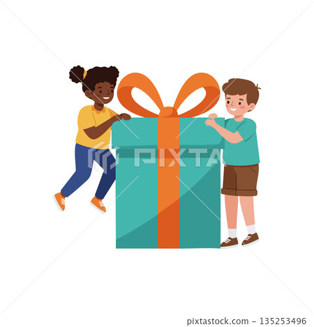 Children playing with large gift box wrapped with orange ribbon illustration Children playing with large gift box wrapped with orange ribbon illustration 135253496