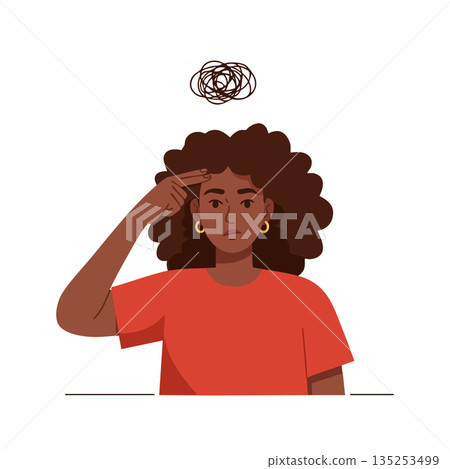 Woman with curly hair showing stressed emotion and confused thoughts vector illustration 135253499