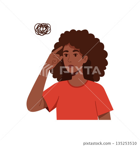 Woman with curly hair thinking and confused expression in red shirt vector illustration 135253510