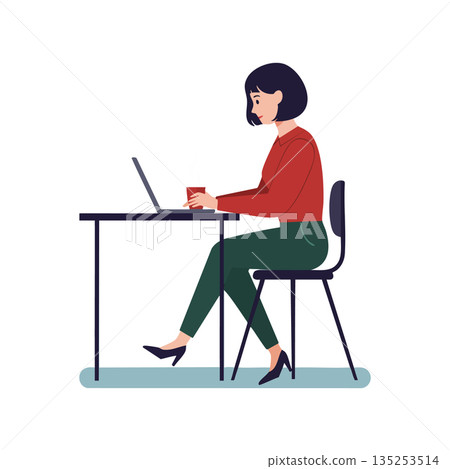 Woman working on laptop with coffee cup in casual clothing at modern desk vector illustration 135253514
