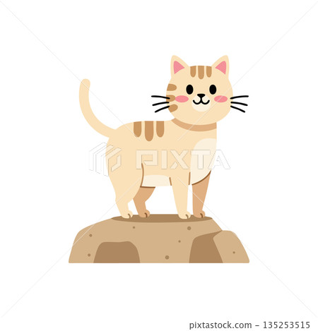 Cute beige cat standing on rock vector illustration with simple background and happy expression 135253515