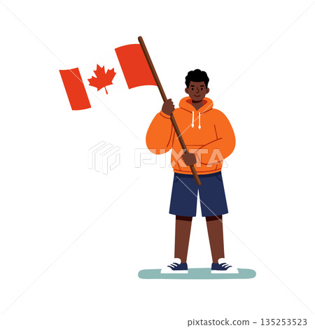 Young person holding Canadian flag wearing orange hoodie and navy shorts vector illustration Young person holding Canadian flag wearing orange hoodie and navy shorts vector illustration 135253523