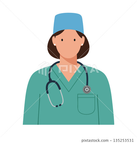 Female medical professional wearing scrubs and stethoscope in healthcare vector illustration Female medical professional wearing scrubs and stethoscope in healthcare vector illustration 135253531