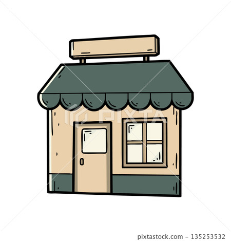 Small storefront building with green awning and blank signboard vector illustration 135253532