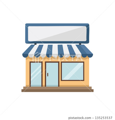Small storefront building with blue and beige colors vector illustration in flat style Small storefront building with blue and beige colors vector illustration in flat style 135253537