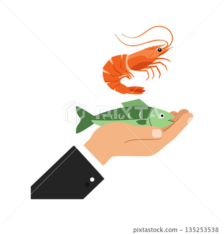 Hand Holding Fish and Shrimp Illustration for Seafood and Fresh Food Concepts Vector Hand Holding Fish and Shrimp Illustration for Seafood and Fresh Food Concepts Vector 135253538