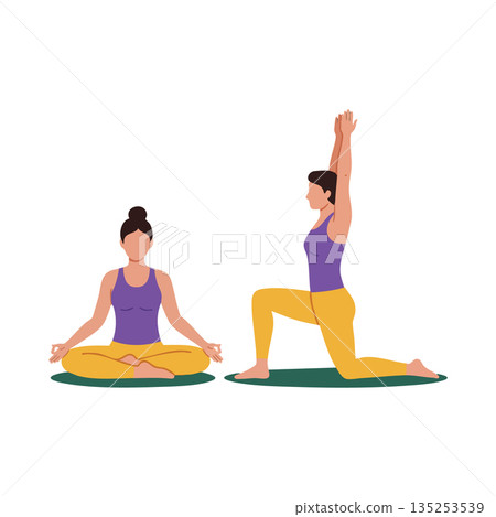 Woman practicing yoga meditation and stretching in purple top and yellow pants vector illustration 135253539