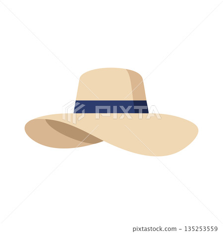 Wide Brim Straw Hat with Blue Ribbon Summer Accessory Vector Illustration 135253559