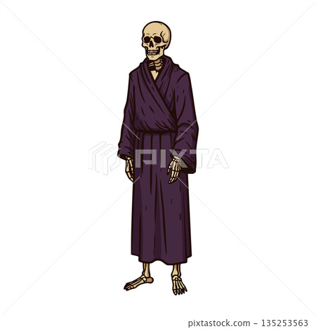 Skeleton wearing dark purple robe standing upright vector illustration for Halloween or gothic themes Skeleton wearing dark purple robe standing upright vector illustration for Halloween or gothic themes 135253563