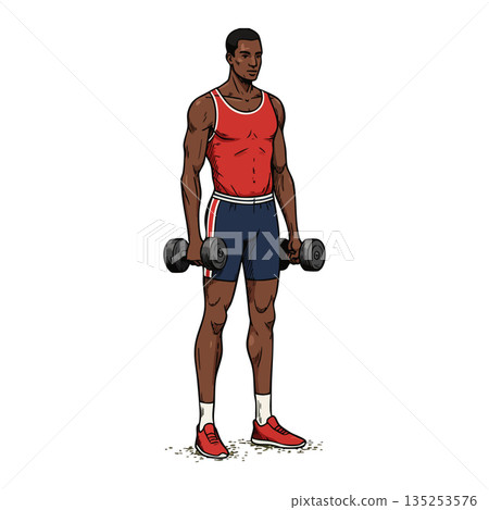 Muscular man exercising with dumbbells in red tank top and blue shorts vector illustration Muscular man exercising with dumbbells in red tank top and blue shorts vector illustration 135253576