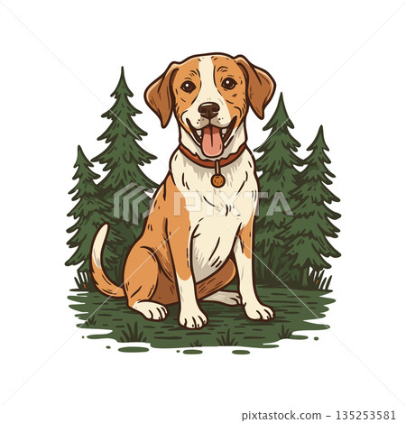 Happy brown and white dog sitting in forest with pine trees background vector illustration Happy brown and white dog sitting in forest with pine trees background vector illustration 135253581