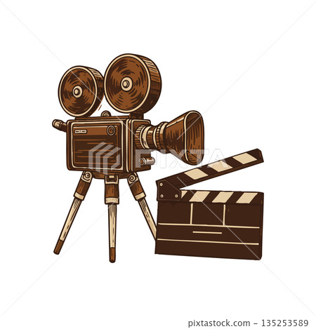 Vintage Movie Camera and Clapperboard Illustration with Brown Tones for Film Production 135253589