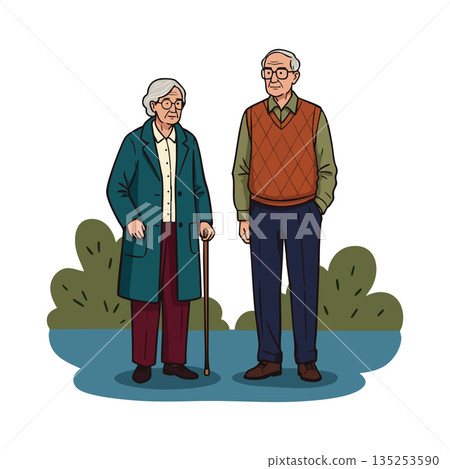 Elderly couple standing outdoors with walking cane in casual autumn clothing vector illustration 135253590