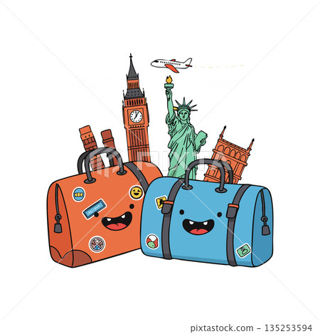 Cute travel bags with famous landmarks Big Ben Statue of Liberty and Colosseum airplane vector Cute travel bags with famous landmarks Big Ben Statue of Liberty and Colosseum airplane vector 135253594