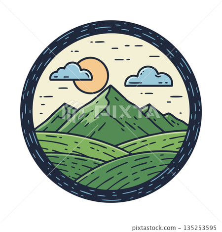 Mountain landscape with green hills sun and clouds circular vector illustration nature scenery Mountain landscape with green hills sun and clouds circular vector illustration nature scenery 135253595