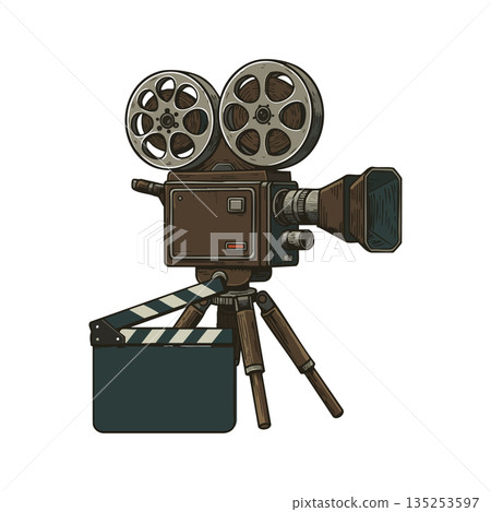 Vintage film camera with clapperboard illustration for movie production and cinema art vector Vintage film camera with clapperboard illustration for movie production and cinema art vector 135253597