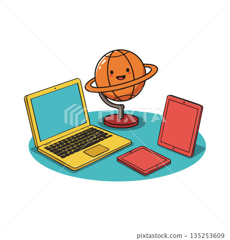 Laptop tablet and smiling planet Saturn globe educational technology devices vector illustration Laptop tablet and smiling planet Saturn globe educational technology devices vector illustration 135253609