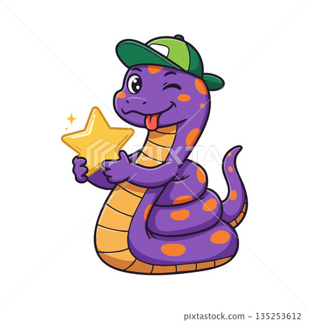 Cute purple snake cartoon character holding yellow star wearing green cap vector illustration 135253612