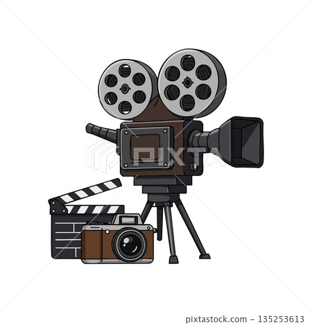 Vintage movie camera with clapperboard and classic photo camera vector illustration Vintage movie camera with clapperboard and classic photo camera vector illustration 135253613