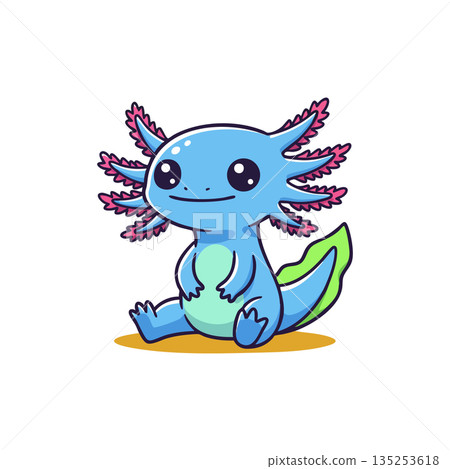Cute blue axolotl cartoon character sitting with big eyes and green tail vector illustration 135253618